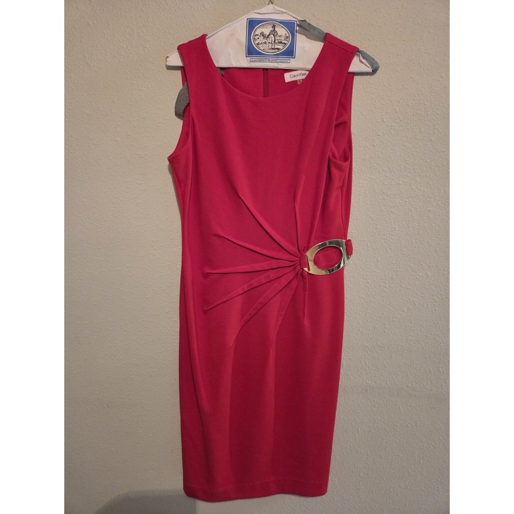Calvin Klein Starburst Sheath Dress Sleeveless Pencil, Side-buckle Red Size 8